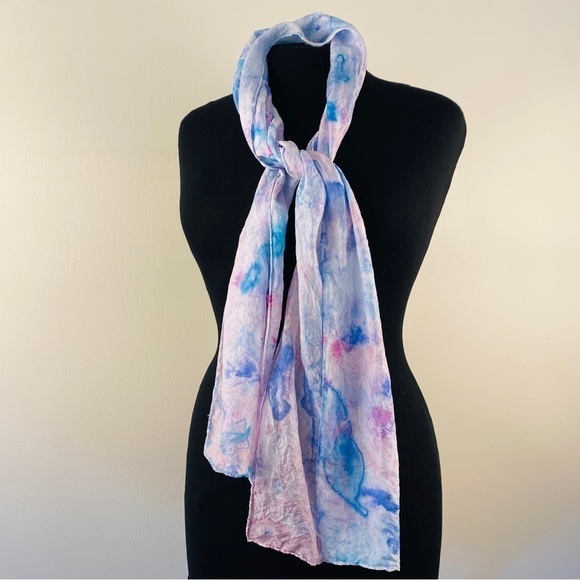 Silk scarf hand painted one of a kind art to wear pink blue turquoise NEW - Picture 8 of 8